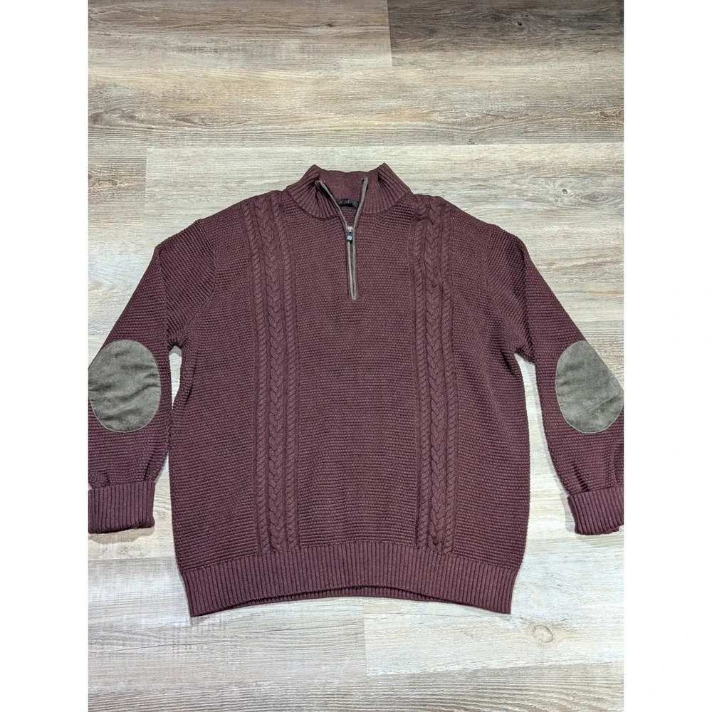 Raffi Burgundy Cable Knit Quarter Zip Sweater Mens Size XL Suede Elbow Patches - Picture 5 of 13